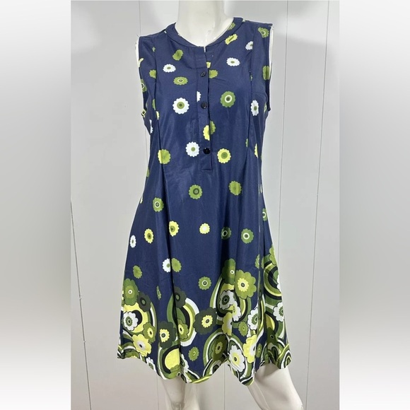 NWT Reborn Womens Sz M Pleated Sleeveless Blue A Line Dress W Green Floral - Picture 1 of 10